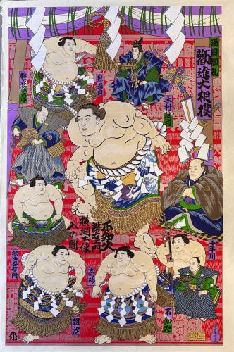 総柄友禅　勧進大相撲　赤